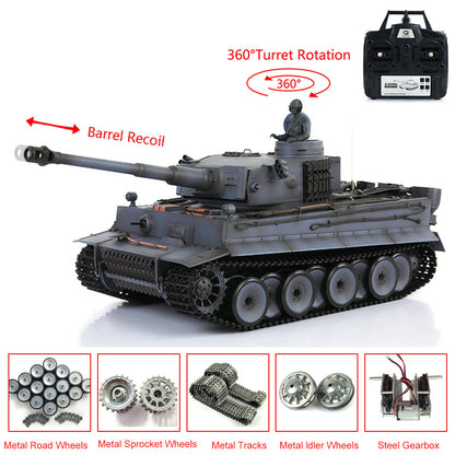 Henglong 1/16 7.0 Tiger I 3818 RTR RC Tank Barrel Recoil 360 Degree Turret BB IR Smoke Sounds Lights Metal Tracks Drive Road Idler Wheels