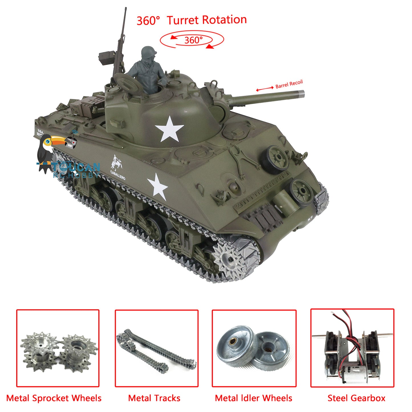 Henglong 1/16 7.0 RC Tank 3898 M4A3 Sherman Metal Tracks Sprocket Wheels Barrel Recoil Lifting Idle Smoke 360 Degree Turret BB Unit Infrared Combat