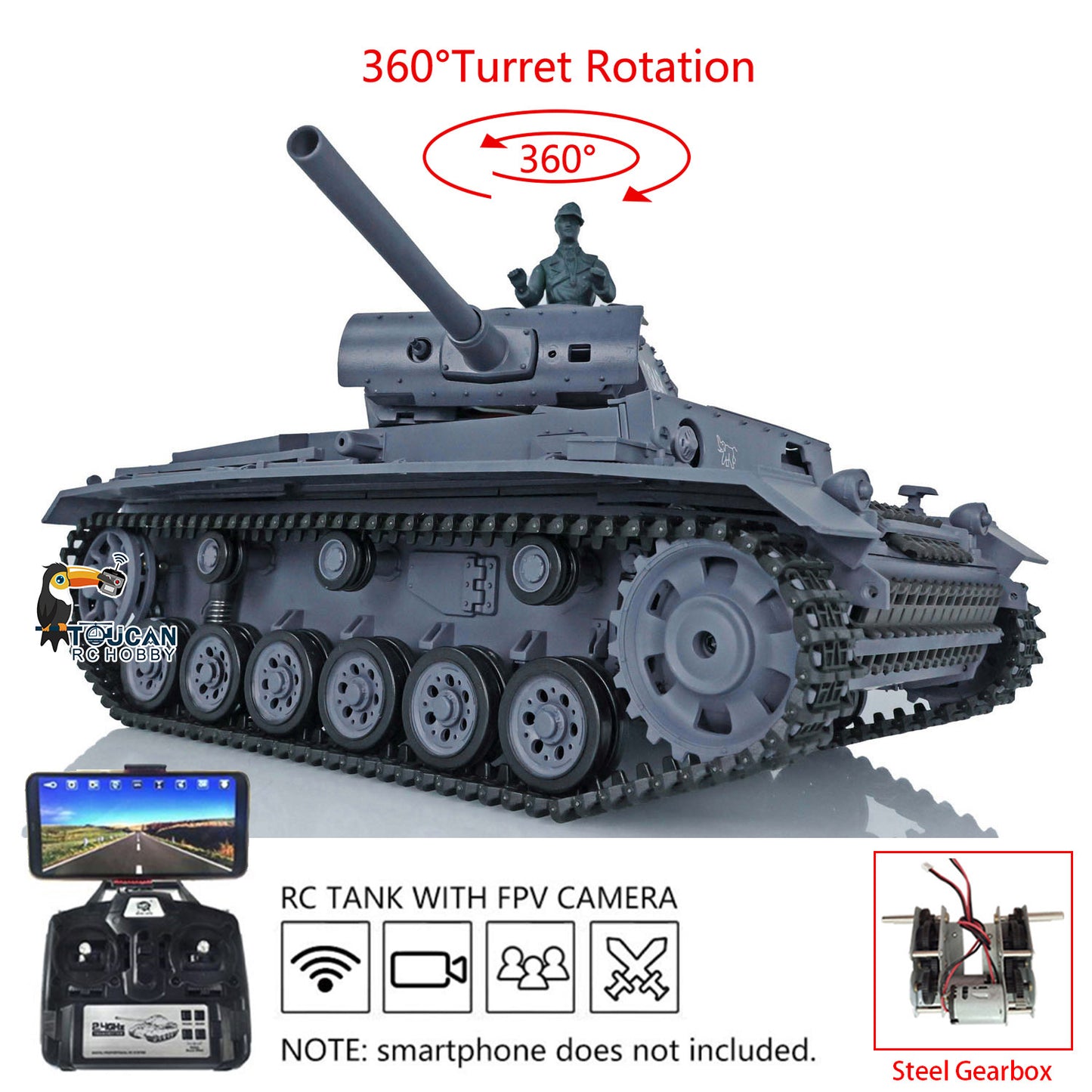 Henglong 1/16 7.0 Plastic Panzer III H/Panzer III L FPV RC Tank 3849 Gearbox 360 Degree Turret Rotation Infrared Combating System