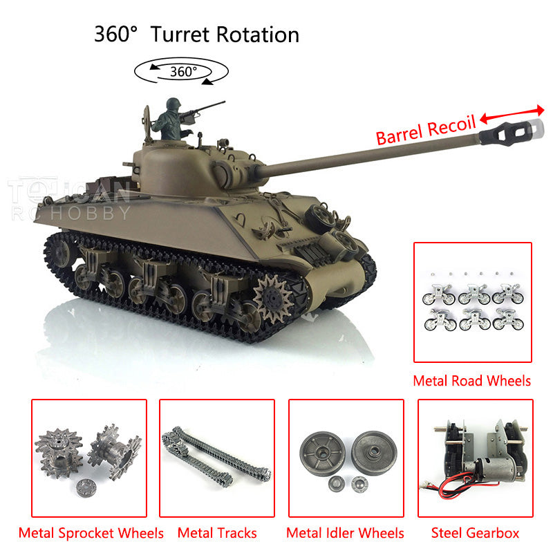 Henglong 1/16 Customized RC Tank 3898 7.0 M4A3 Sherman Metal Tracks Road Wheels Barrel Recoil 360 Degree Turret Infrared Combat Idle Smoke BB Unit