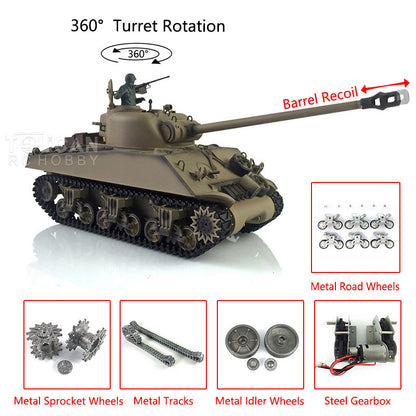 Henglong 1/16 Customized RC Tank 3898 7.0 M4A3 Sherman Metal Tracks Road Wheels Barrel Recoil 360 Degree Turret Infrared Combat Idle Smoke BB Unit