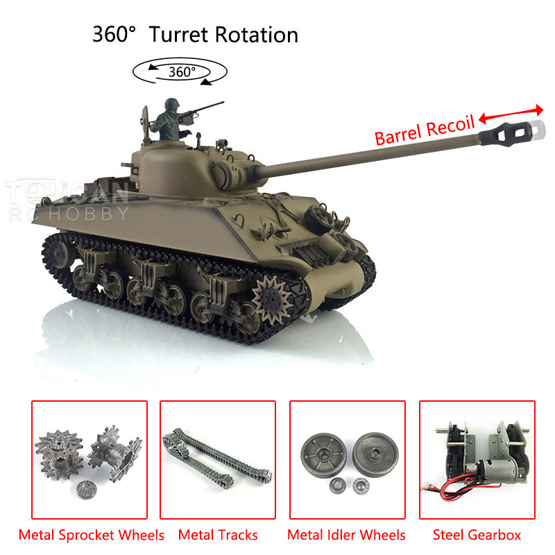 Henglong 1/16 TK7.0 3898 USA M4A3 Sherman RTR RC Tank with Barrel Recoil Smoke 360 Degrees Turret BB IR Metal Tracks Gearbox Drive Idler Wheels