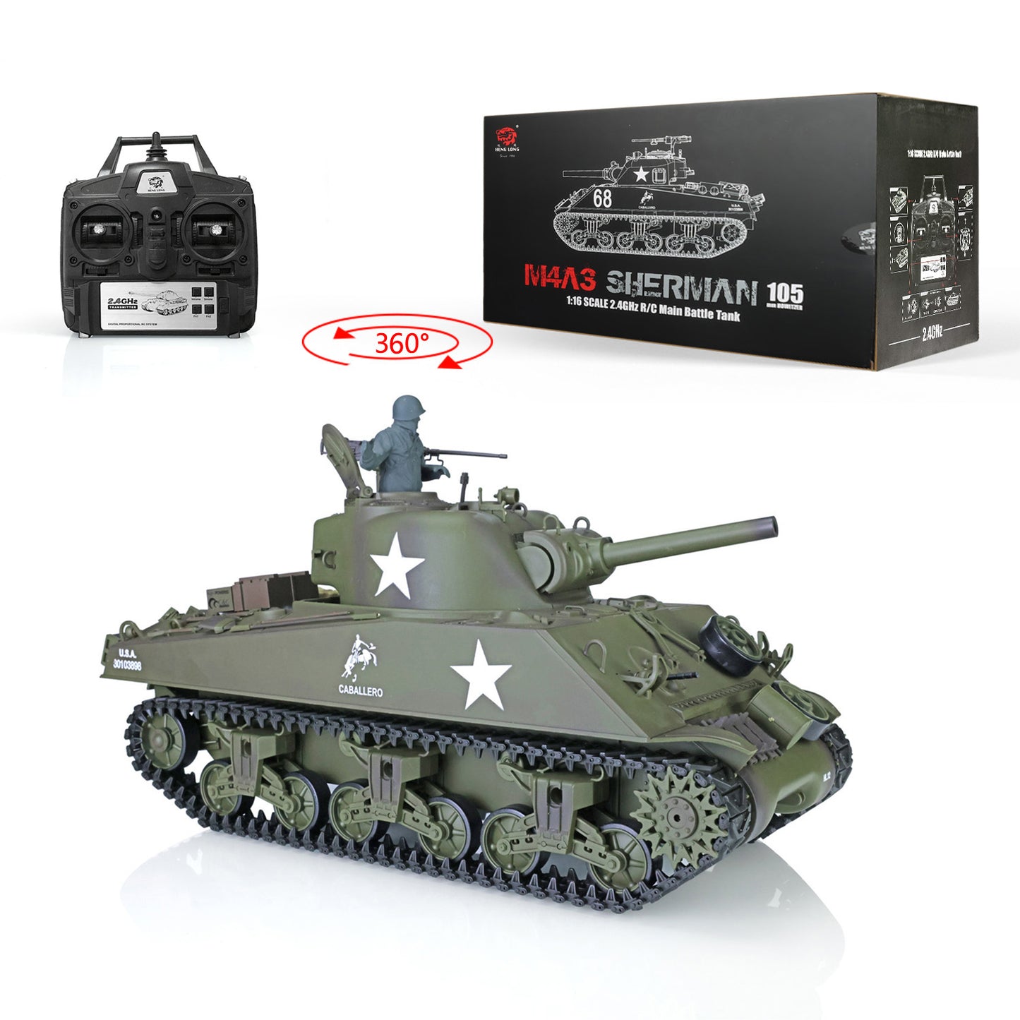 Henglong 1/16 7.0 Plastic M4A3 Sherman 3898 RTR RC Tank 360 Degree Turret BB IR Barrel Recoil Smoke Sound Metal Steel Driving Gearbox Barrel