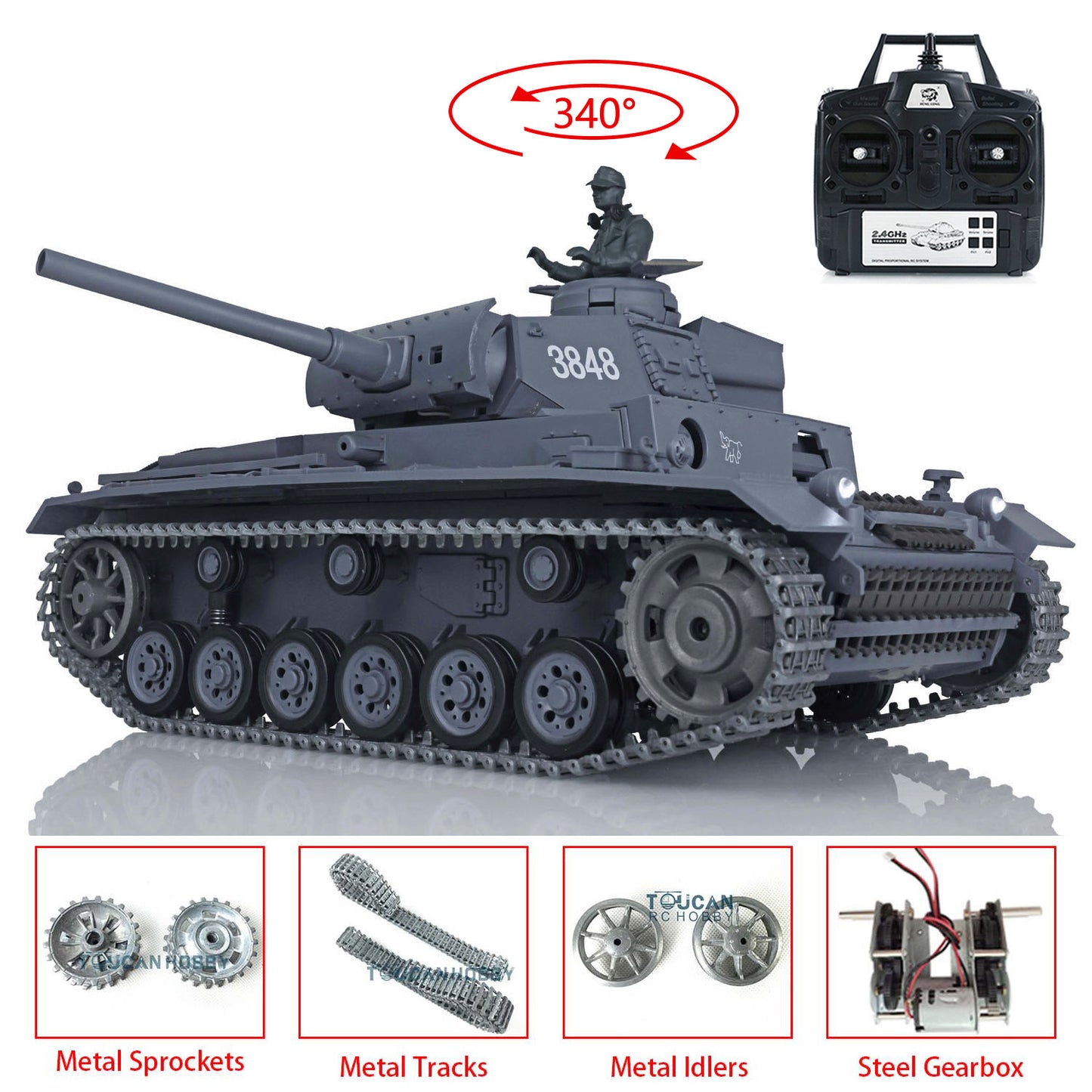 US Stock Henglong 1/16 7.0 Upgraded 3848 German Panzer III L RTR RC Tank BB Infrared Combat BB Smoke Metal Drive Idler Wheels Tracks Gearbox