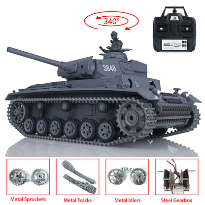 US Stock Henglong 1/16 7.0 Upgraded 3848 German Panzer III L RTR RC Tank BB Infrared Combat BB Smoke Metal Drive Idler Wheels Tracks Gearbox