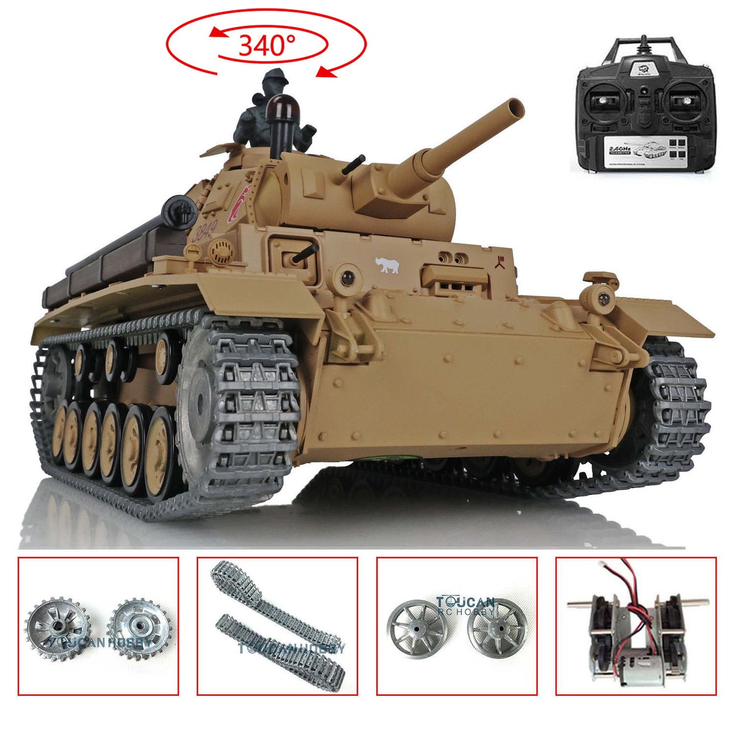 US Stock Henglong 1/16 7.0 Upgraded German Panzer III H 3849 RTR RC Tank Model IR BB Unit Smoke Metal Tracks Barrel Idler Drive Wheels Gearbox