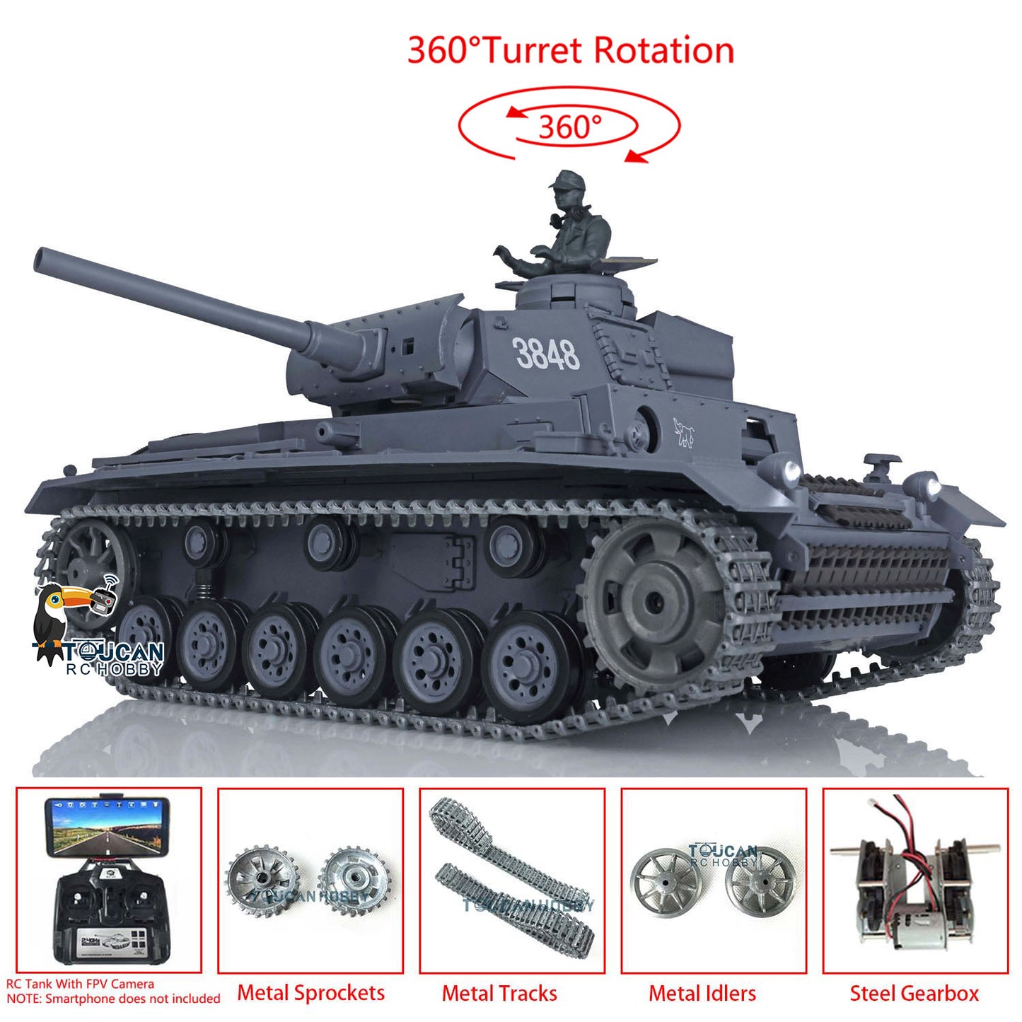 Henglong 1/16 Scale 7.0 Upgraded Panzer III L 3848 RTR RC Tank FPV 360 Degree Turret IR BB Smoke Metal Barrel Idler Drive Wheels Tracks Gearbox