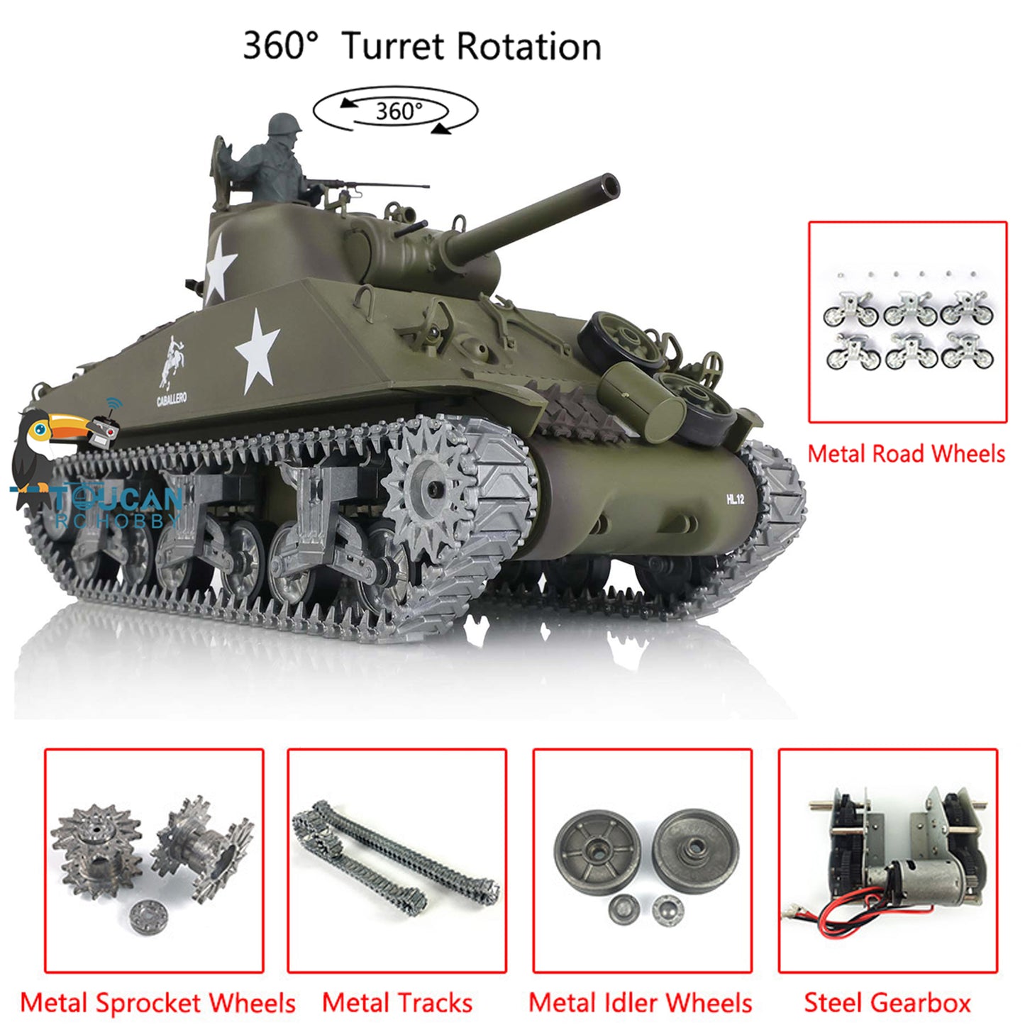 Henglong 1/16 Customized 7.0 M4A3 Sherman 3898 RTR RC Tank BB IR Smoke 360 Degree Turret Sound Light Metal Tracks Road Drive Idler Wheels