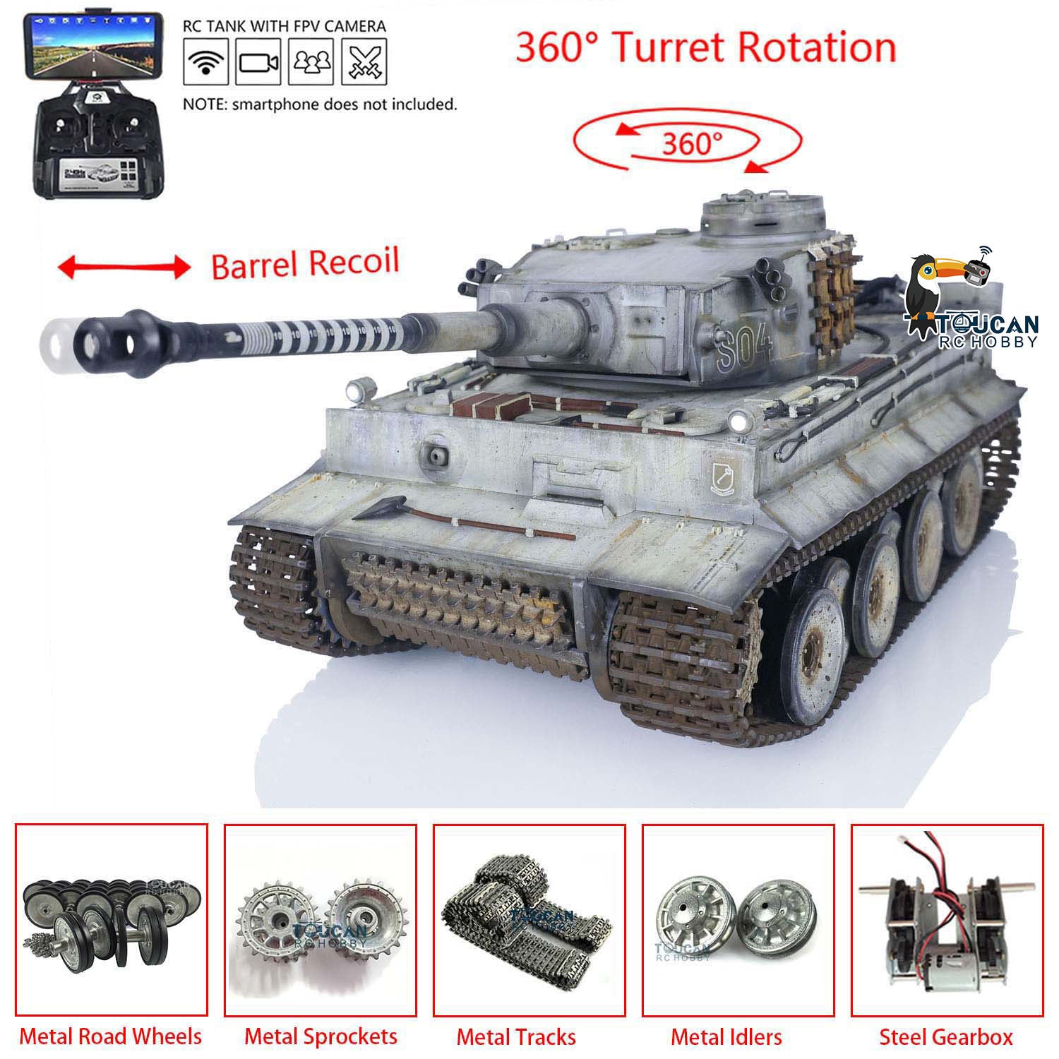 Henglong 1/16 TK7.0 3818 Tiger I RTR RC Tank with Metal Tracks Sprockets Idlers Road Wheels Hand Spray Painting Color