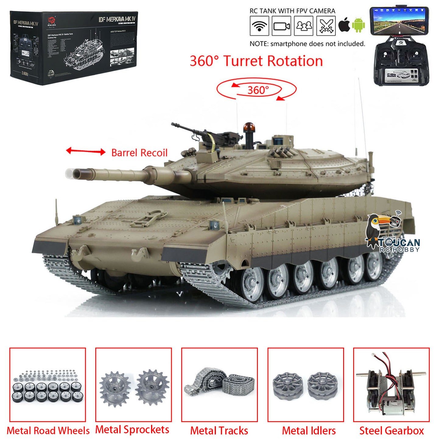 Henglong 1/16 TK7.0 Professional IDF Merkava MK IV RTR RC Tank 3958 with Barrel Recoil BB IR Smoke Metal Tracks Gearbox Sprockets Idlers Road Wheels