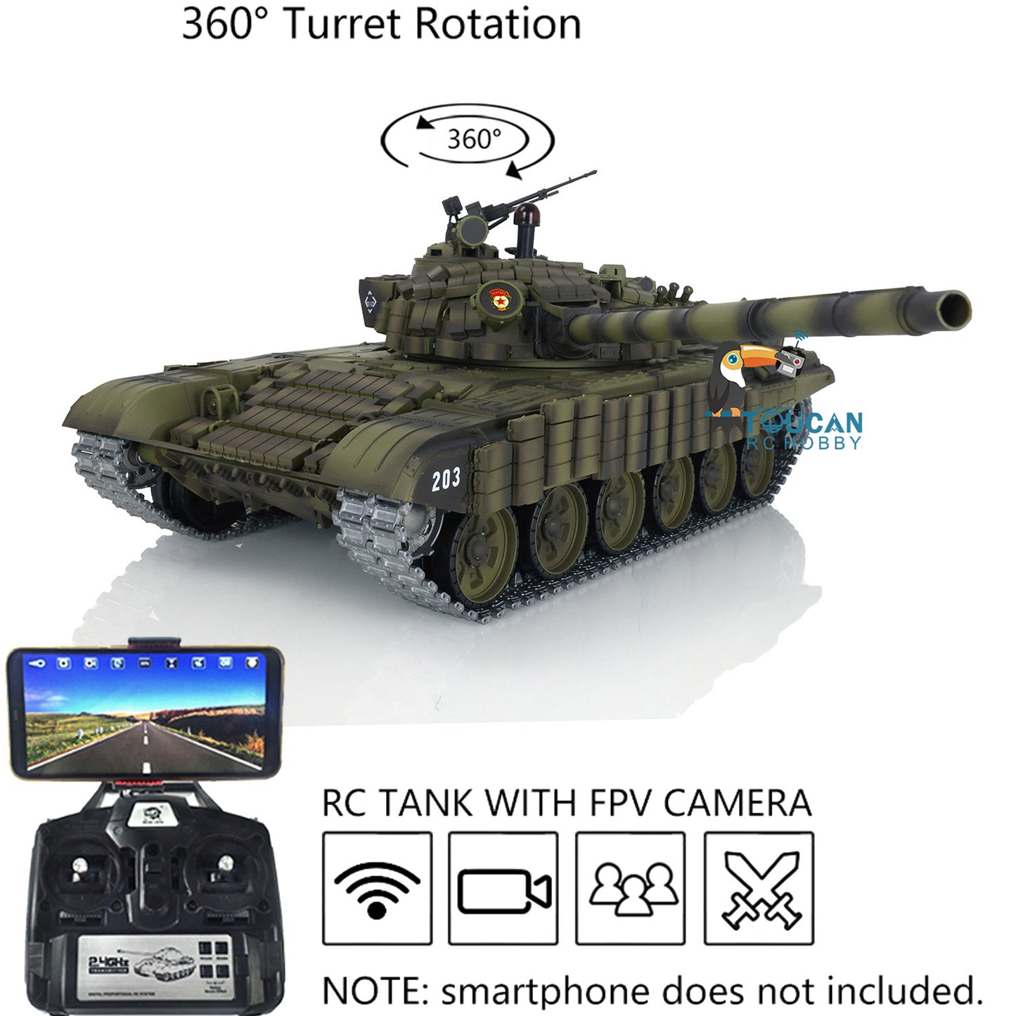 Henglong 1/16 TK7.0 Promotion Metal Russian T72 3939 RTR RC Tank with Armor FPV 360 Degrees Turret BB IR Smoke Metal Sprockets Wheels Tracks Steel Gearbox