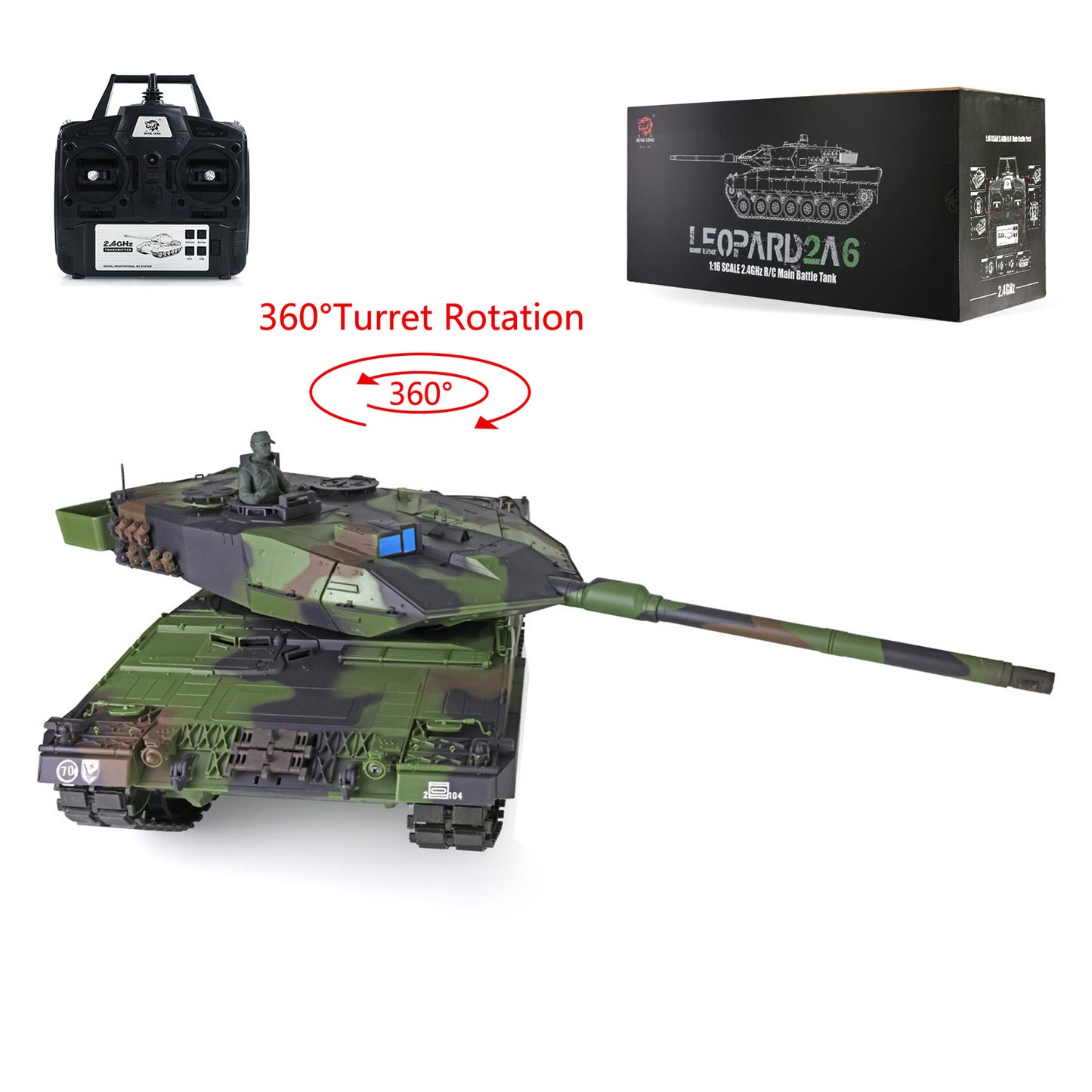 Henglong 1/16 7.0 3889 Leopard2A6 RTR RC Tank Armored Vehicle Model 360 Degree Turret BB Infrared Combat Smoke Metal Barrel