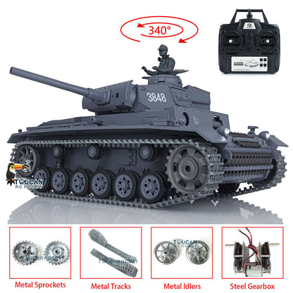 US Stock Henglong 1/16 7.0 Upgraded 3848 German Panzer III L RTR RC Tank BB Infrared Combat Smoke Sound Light Metal Gearbox Tracks Military Vehicle