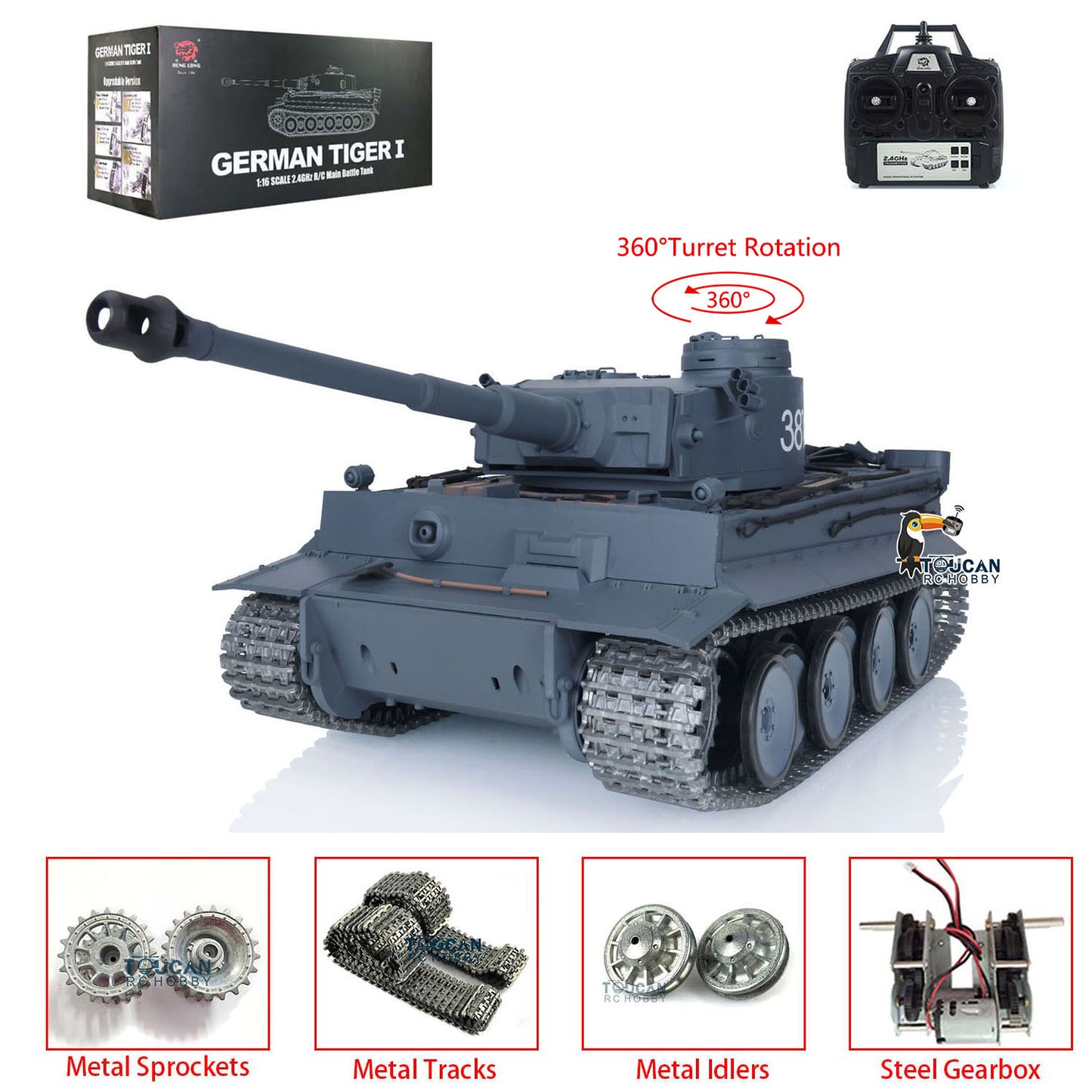 Henglong 1/16 RC Tank 3818 7.0 Tiger I Upgraded Assembled Metal Tracks Sprocket 360 Degree Turret Infrared Combating System Idle Smoke BB Unit Vehicle