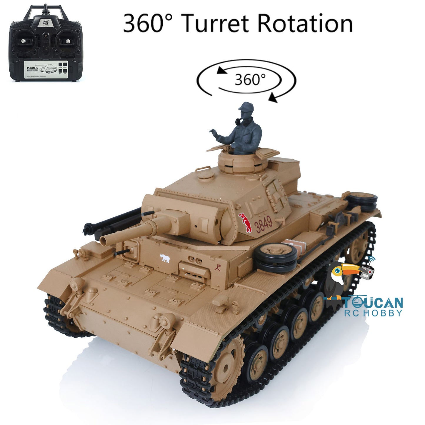 2.4G Henglong 1/16 7.0 Plastic German Panzer III H RTR RC Tank 3849 Metal Barrel Infrared Combating System 360 Degree Turret Rotation