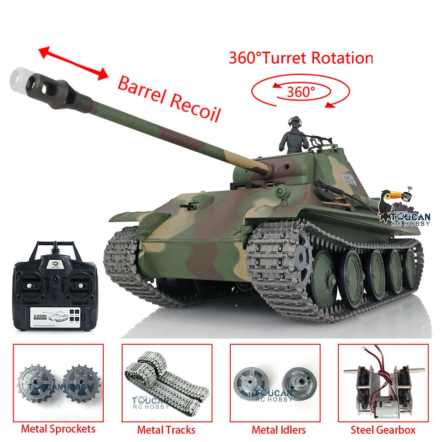 Henglong 1/16 7.0 Upgraded German Panther G RTR RC Tank 3879 360 Degree Turret Metal Tracks Sprocket Wheels BB Infrared Combating System Smoke Sound Option FPV