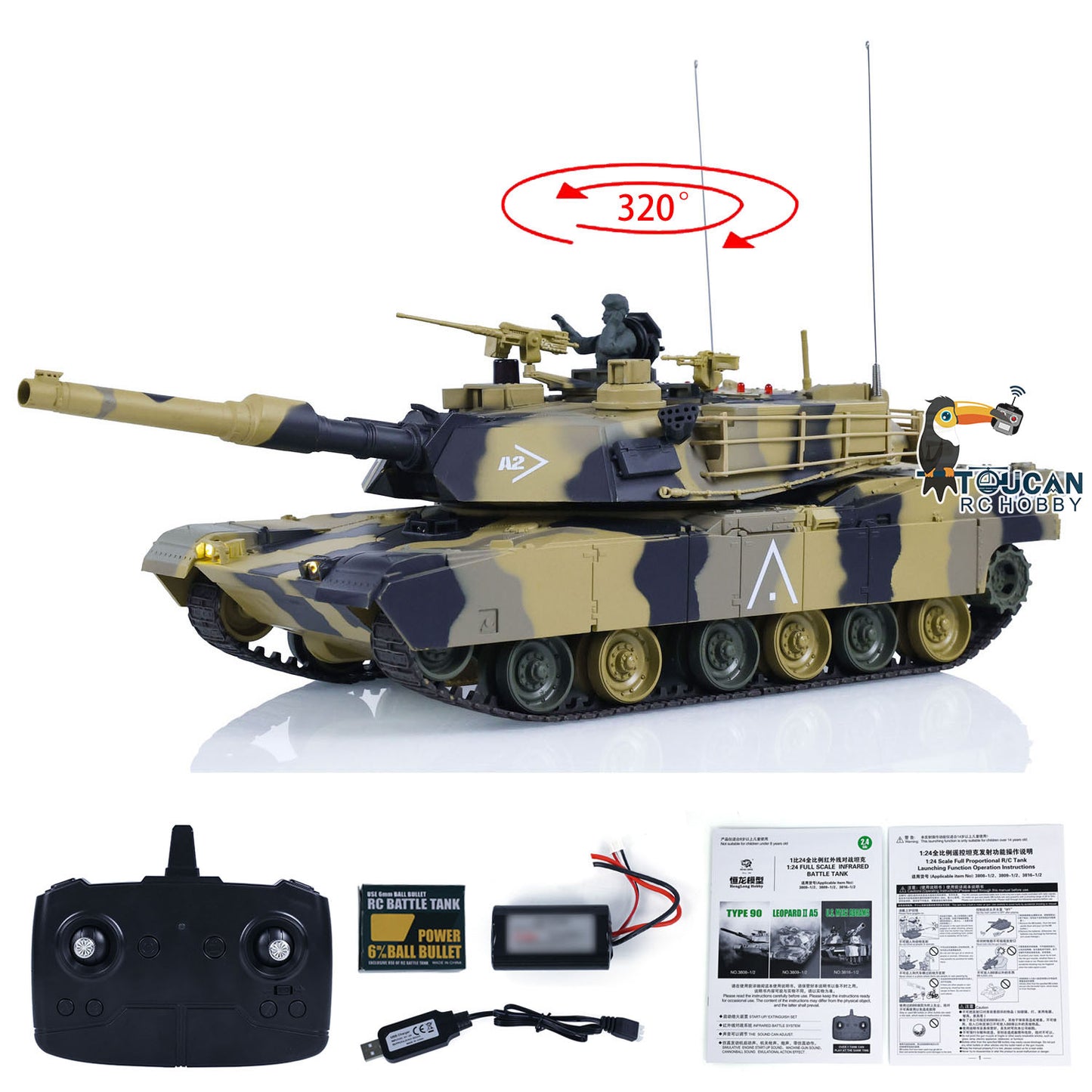 Henglong 1/24 Plastic 3816 AbramsM1A2 RC Tank Model with Infrared Combat Turret Elevation and Depression Sound Light