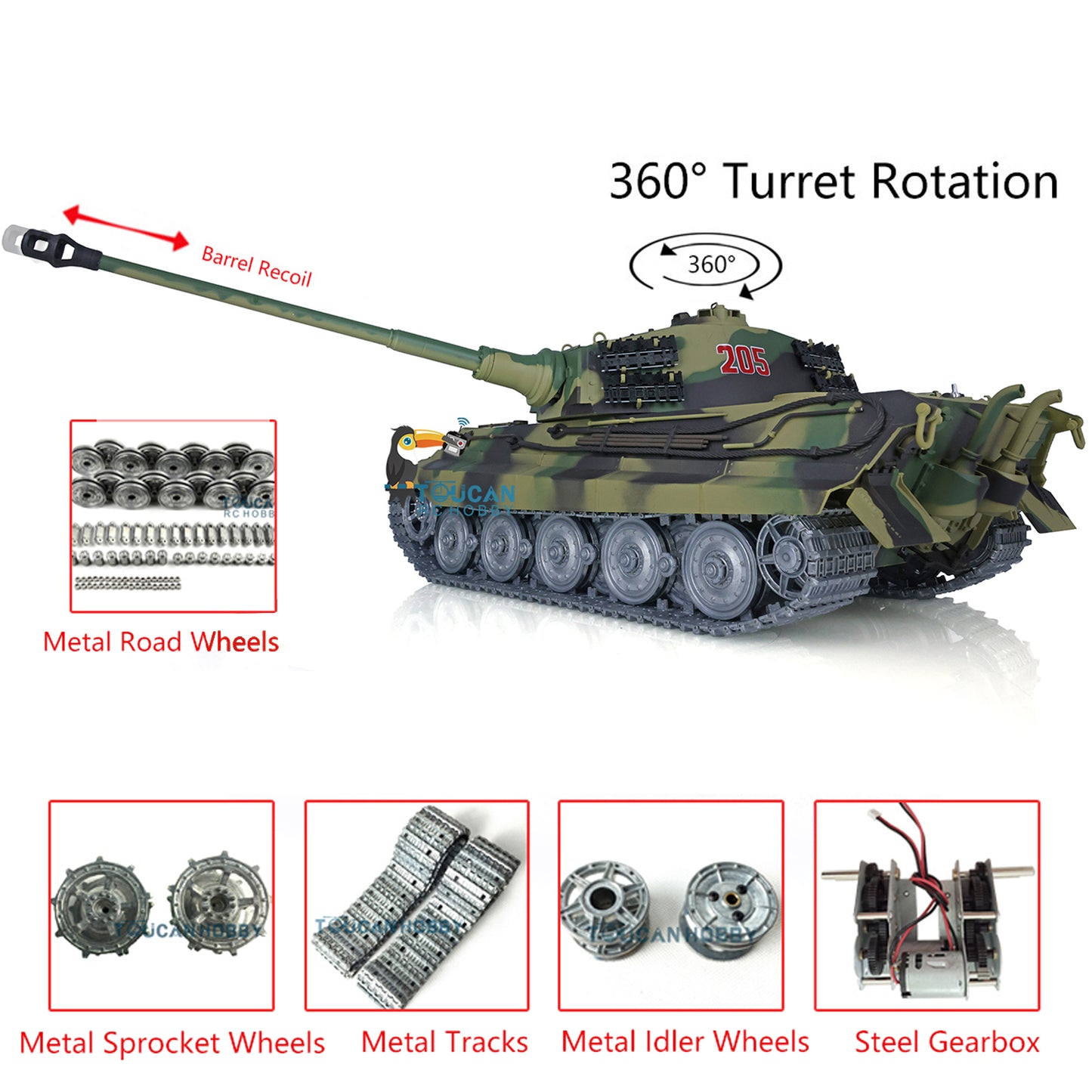 US Stock Henglong 1/16 7.0 Customized RC Tank King Tiger 3888A Idle Smoke 360 Degree Turret Barrel Recoil Infrared Combat BB Metal Wheel Tracks Gearbox