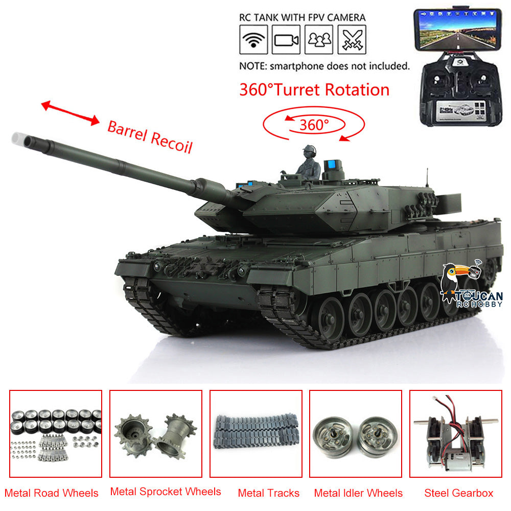 1/16 Henglong 7.0 RC Tank 3889 Leopard2A6 Assembled Metal Tracks Road Wheels FPV Barrel Recoil Infrared Combat Idle Smoke 360 Degree Turret Rotate BB Unit