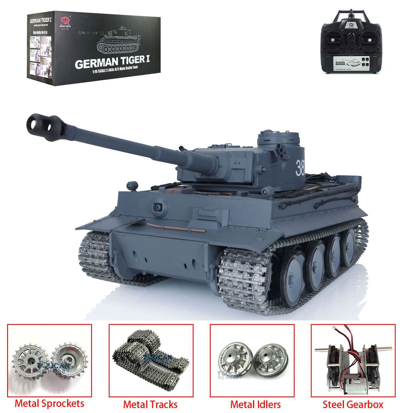 7.0 Henglong 1/16 Upgraded Metal German Tiger I 3818 RTR RC Tank Barrel Recoil BB IR Sounds Lights Smoke Metal Tracks Drive Idler Wheels