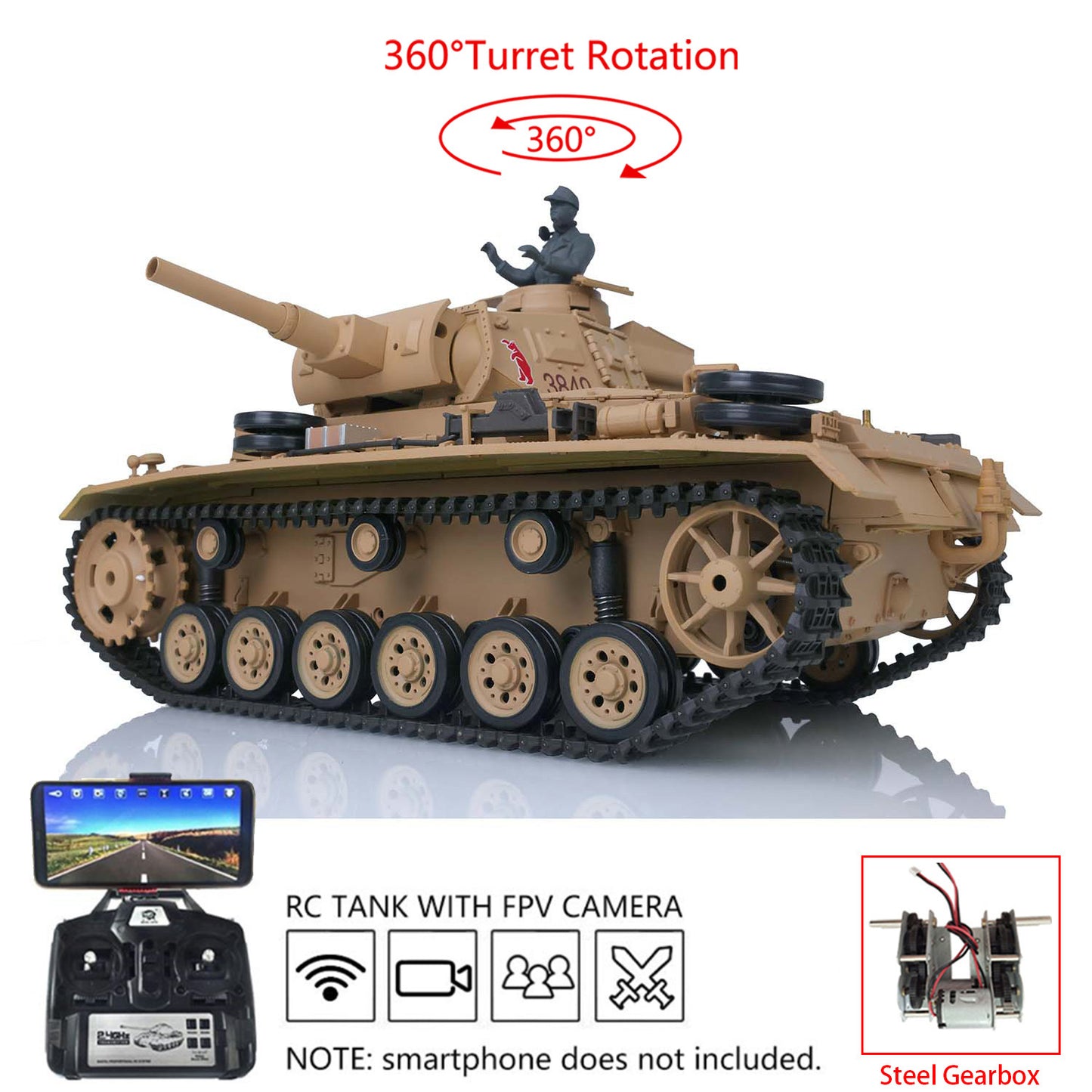Henglong Plastic 1/16 7.0 3848 3849 Panzer III H L RC Tank FPV Steel Driving Gearbox 360 Degree Turret Infrared System BB Smoke Unit Metal Barrel