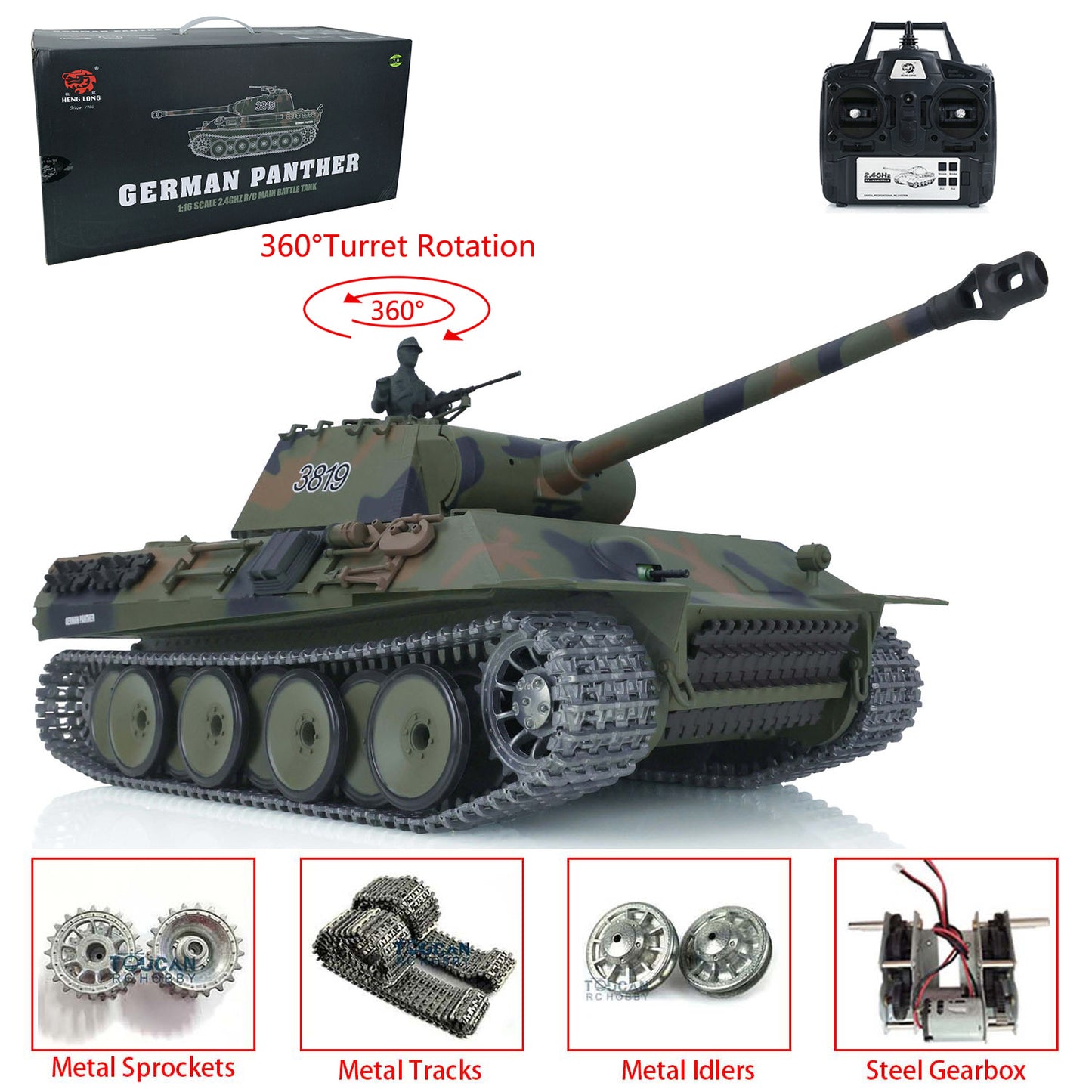 Henglong 1/16 7.0 Upgraded Metal 3819 German Panther V RC Tank IR BB 360 Degree Turret Smoke Metal Tracks Drive Idler Wheels Gearbox