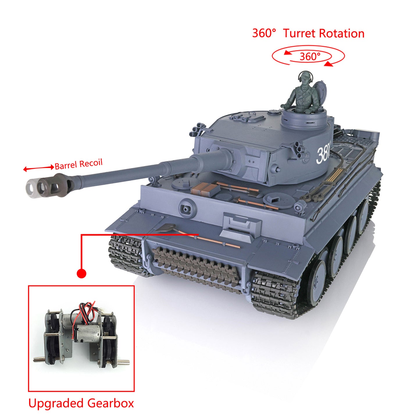 Henglong 1/16 7.0 Plastic Tiger I RC Tank 3818 W/ Metal Steel Gearbox Barrel Recoil 360 Degree Turret Rotation Infrared Combating System