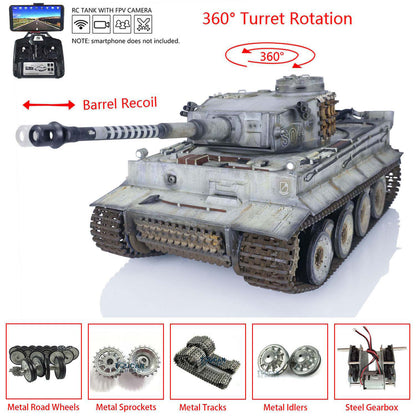 1/16 Henglong 7.0 3818 Tiger I RTR RC Tank FPV 360 Degree Turret Barrel Recoil Smoke Metal Tracks Road Drive Idler Wheels Hand Spray Painting Color