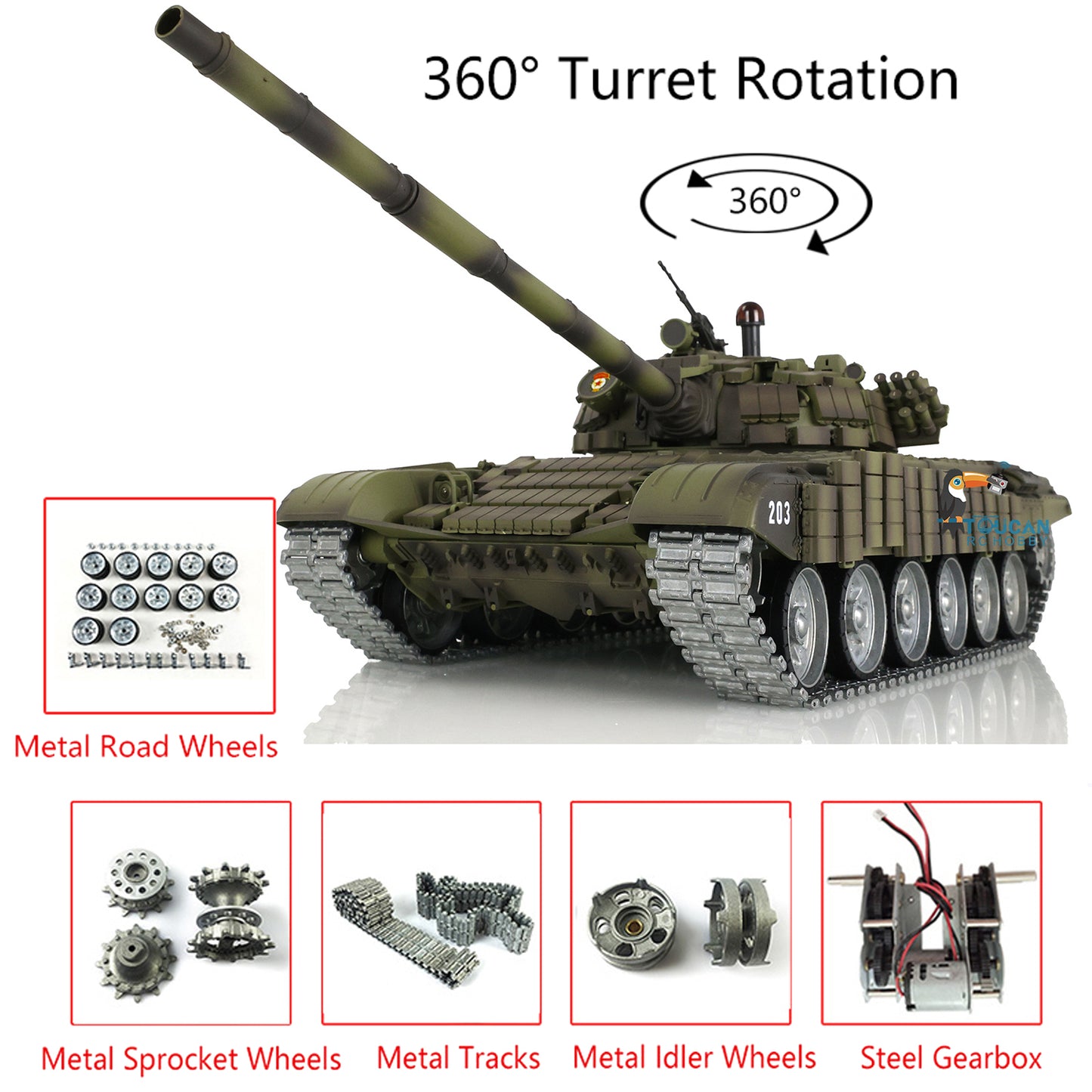 Henglong 1/16 TK7.0 Russian T72 RTR RC Tank 3939 with BB IR 360 Degrees Turret Smoke Metal Tracks Gearbox Sprockets Idlers Road Wheels