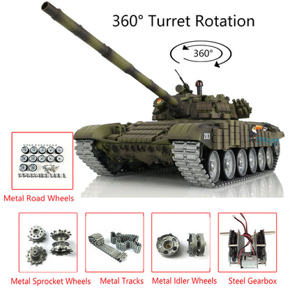 Henglong 1/16 TK7.0 Russian T72 RTR RC Tank 3939 with BB IR 360 Degrees Turret Smoke Metal Tracks Gearbox Sprockets Idlers Road Wheels