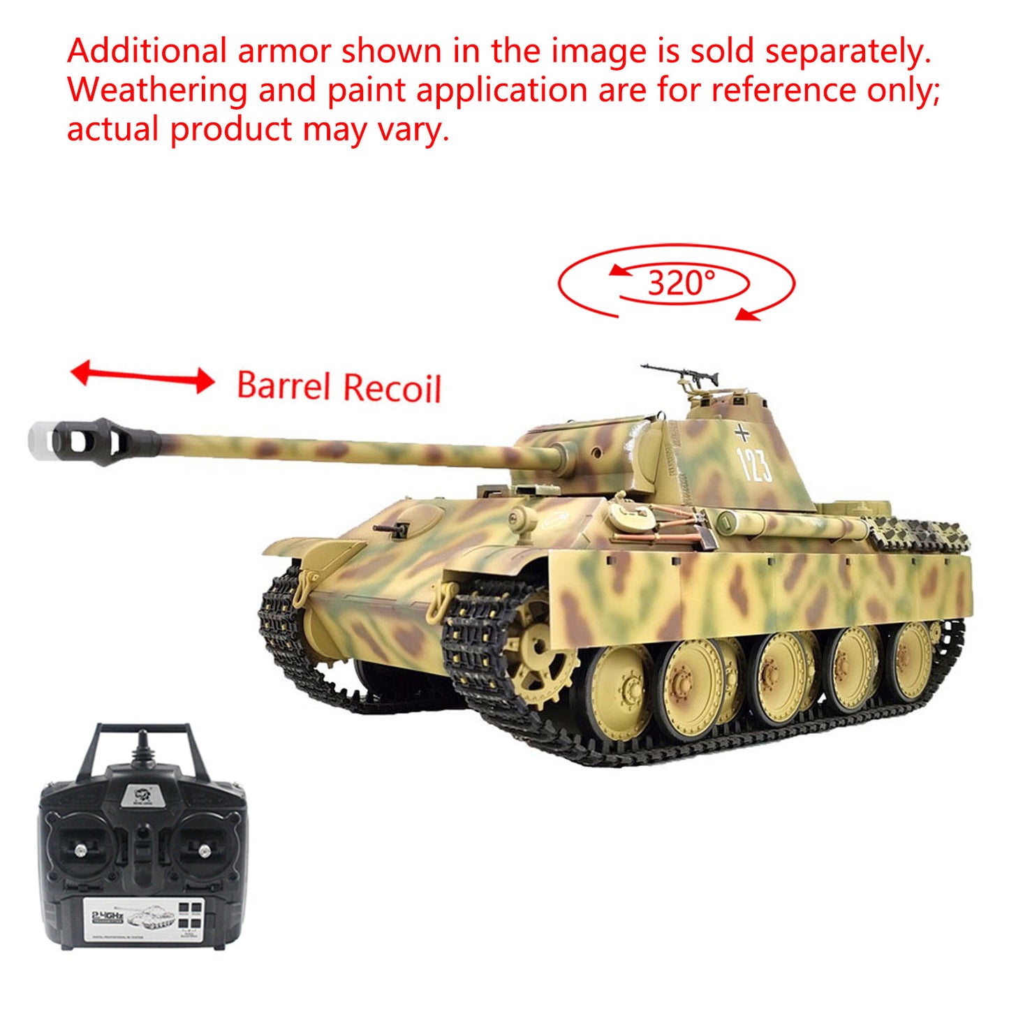 Henglong RTR 1/16 7.0 RC Tank German Panther G 3879 Steel Gearbox BB IR Barrel Recoil 2.4G Radio 1800MAH Battery 320 Degree Turret Rotation