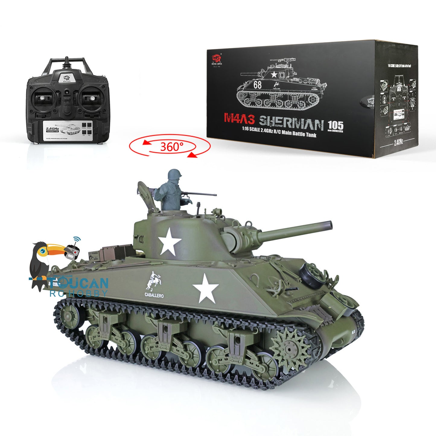 Henglong 1/16 TK7.0 Plastic USA M4A3 Sherman 3898 RTR RC Tank 360 Degrees Turret BB IR Barrel Recoil Smoke Metal Barrel Steel Gearbox