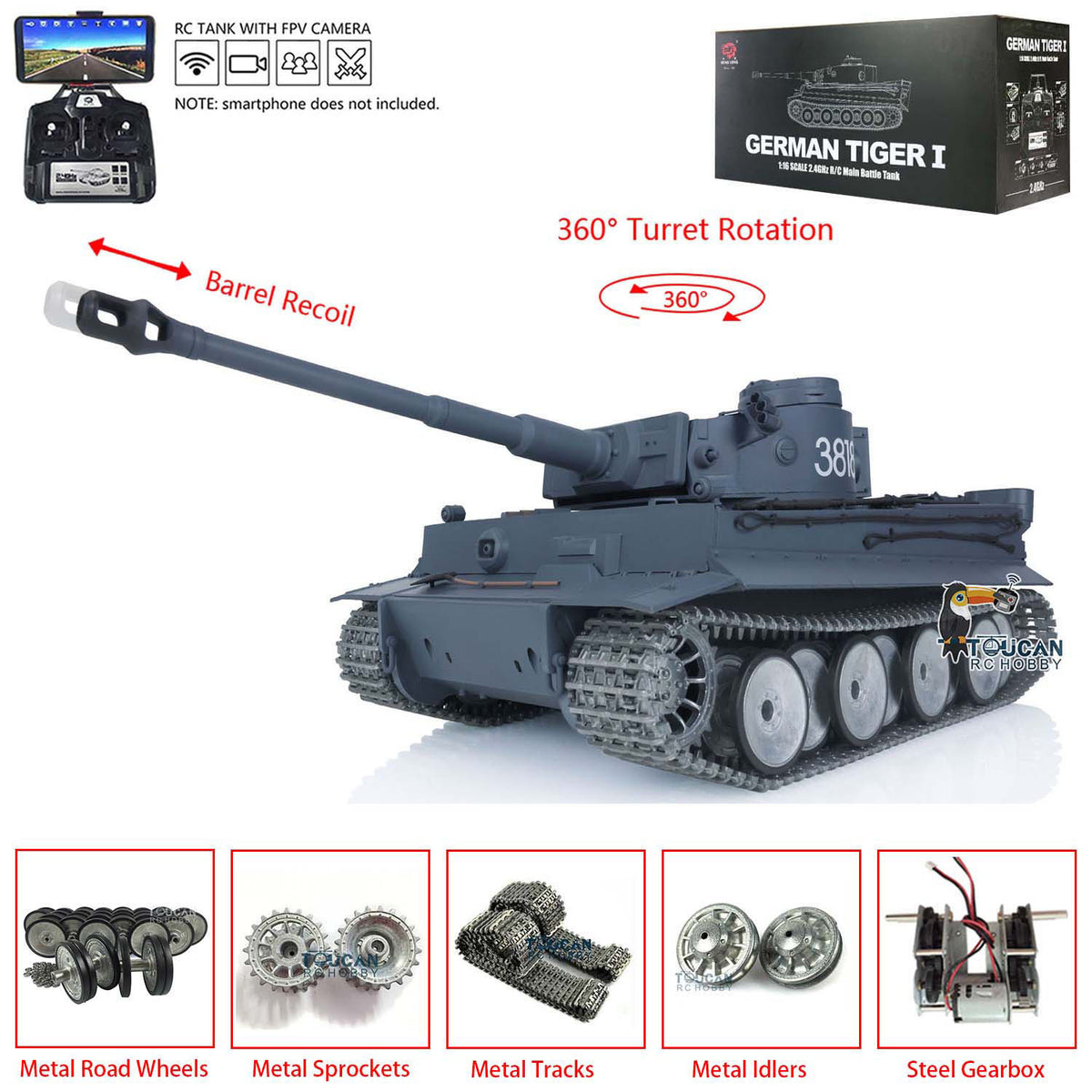 Henglong 1/16 TK7.0 3818 Tiger I RTR RC Tank with FPV 360 Degrees Turret Barrel Recoil Smoke Metal Tracks Sprockets Idlers Road Wheels Hand Spray Painting Color