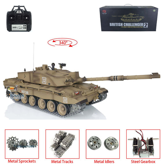 Henglong 1/16 7.0 Upgraded Challenger II 3908 RTR RC Tank Military Vehicle BB IR Smoke 340 Degree Turret Metal Tracks Drive Idler Wheels