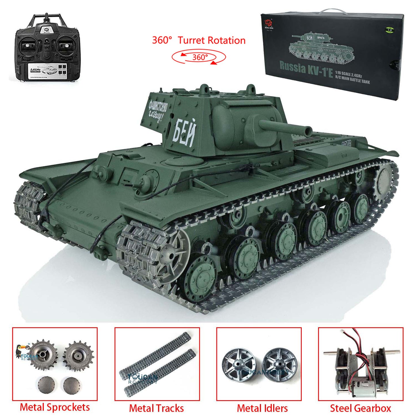 Henglong 1/16 TK7.0 Promotion Soviet Union KV-1 RTR RC Tank 3878 360 Degrees Turret Smoke BB IR Metal Barrel Tracks Sprockets Idlers Wheels Gearbox