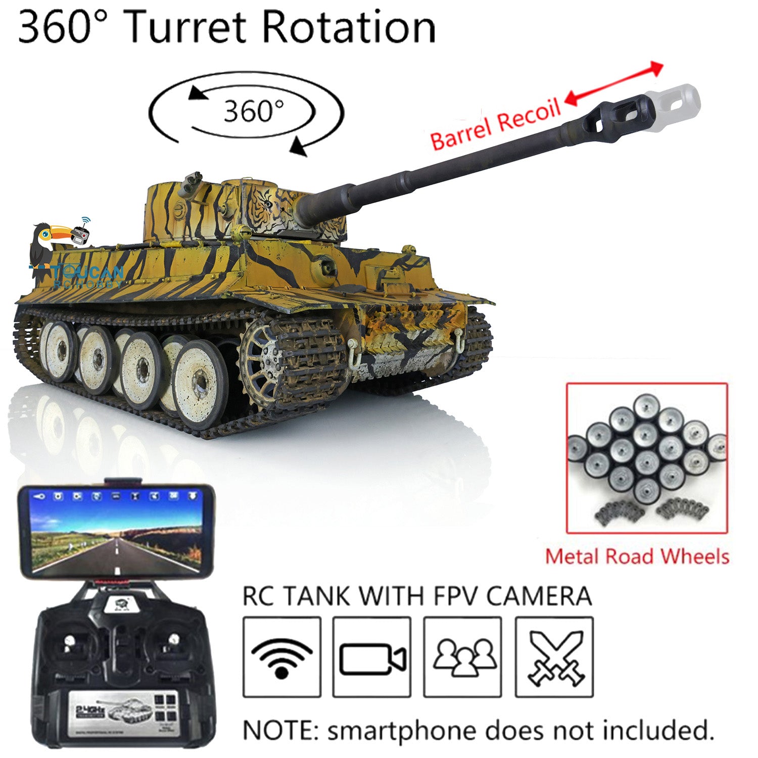 Henglong 1/16 TK7.0 3818 Tiger I RTR RC Tank with FPV 360 Degrees Turret Barrel Recoil Smoke 
