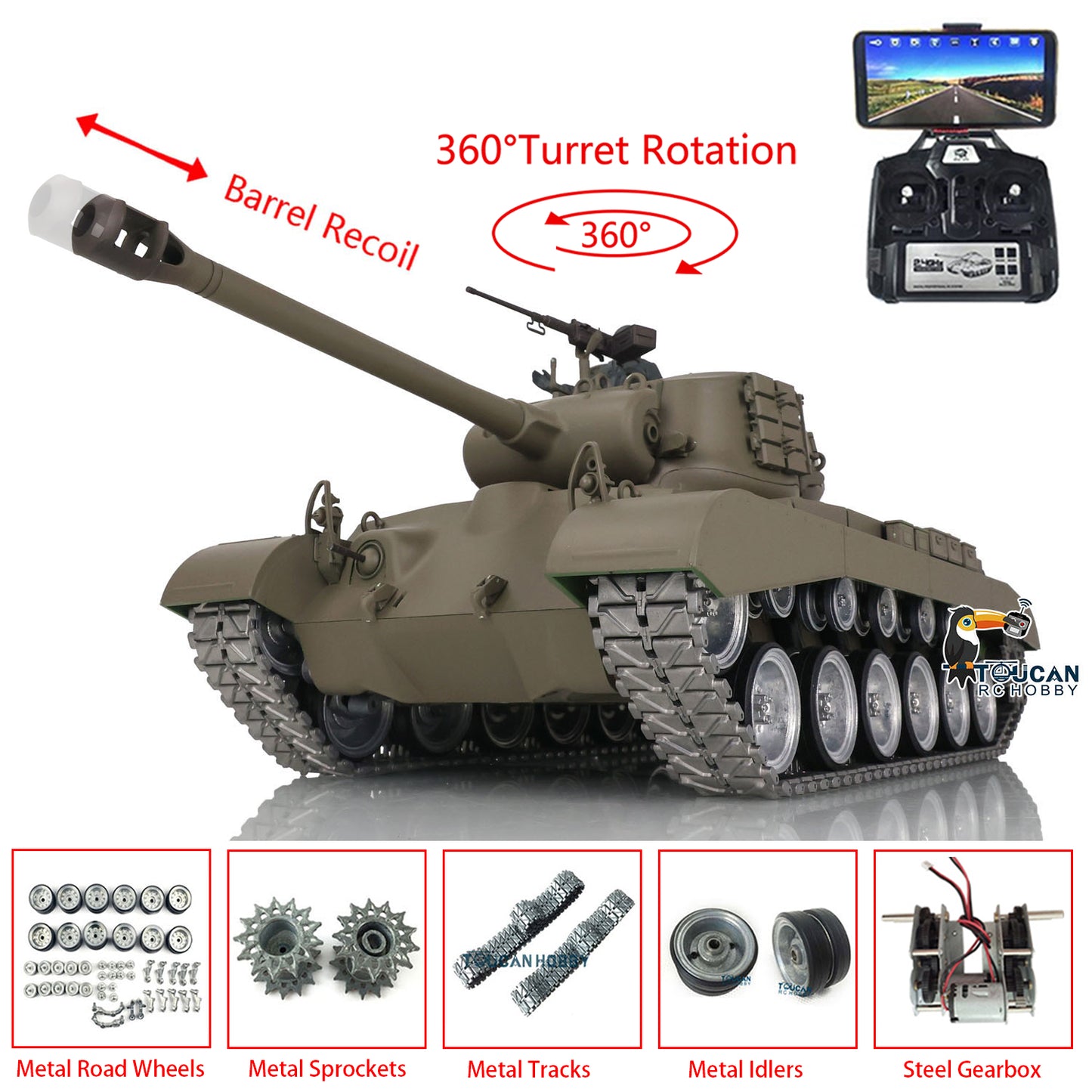 Henglong 1/16 7.0 Customized M26 Pershing 3838 RTR RC Tank FPV BB IR 360 Degree Turret Smoke Metal Tracks Drive Road Idlers Wheels Gearbox