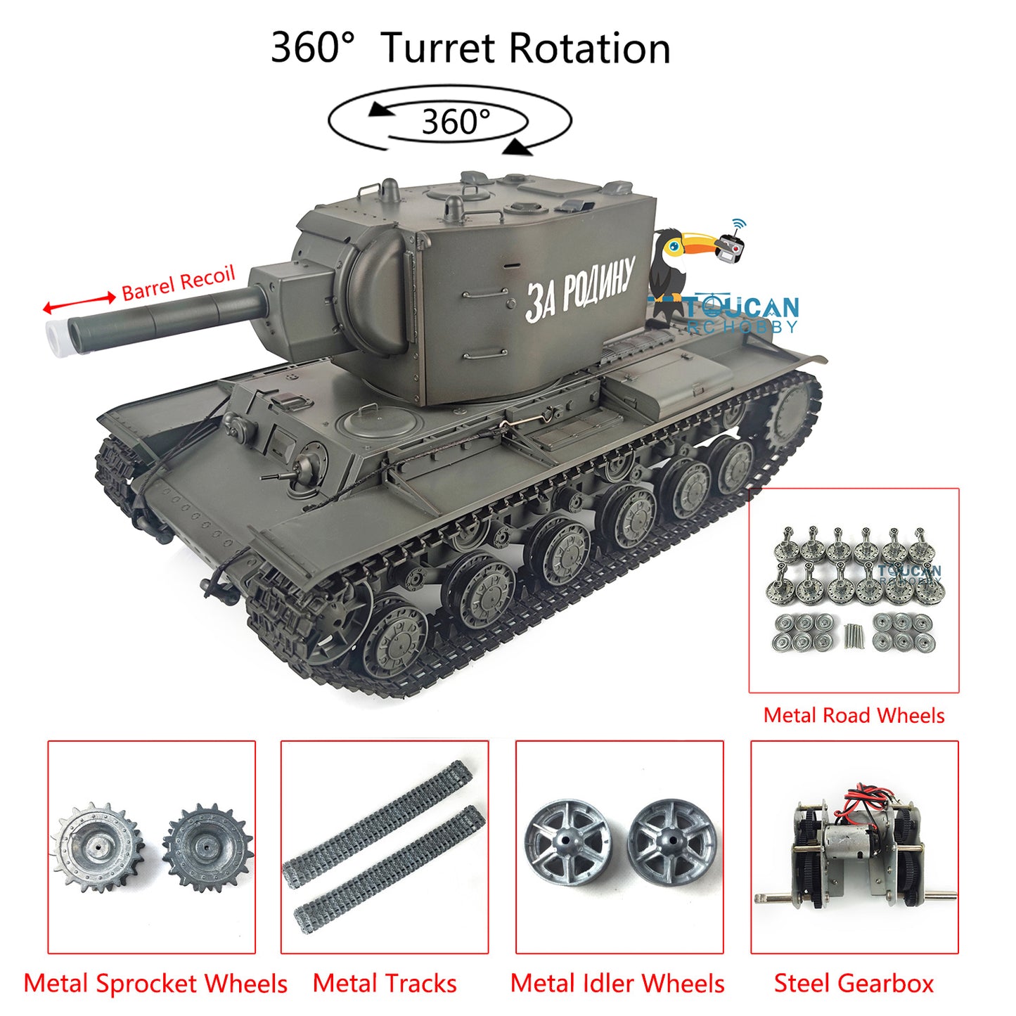 Henglong 1/16 7.0 Customized Soviet KV-2 Gigant 3949 RTR RC Tank BB IR 360 Degree Turret Metal Tracks Road Drive Idler Wheels