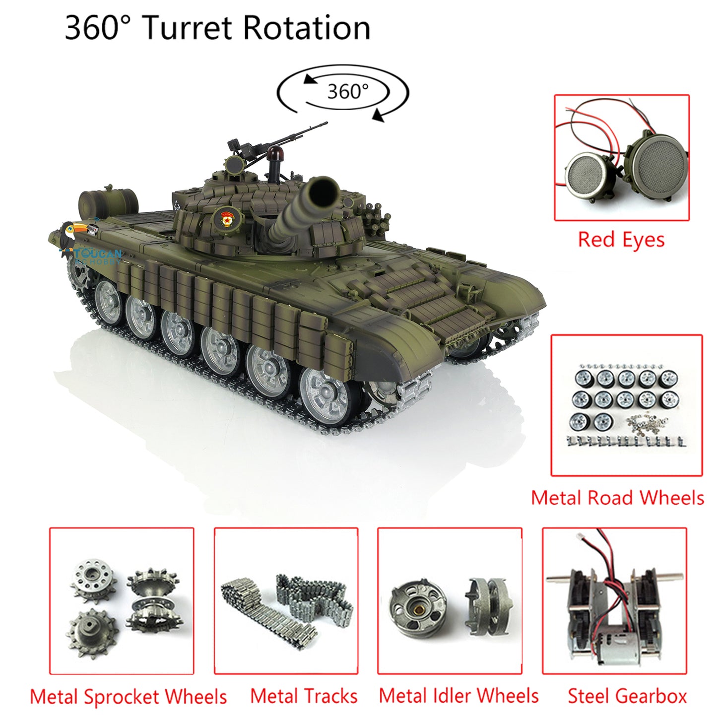Henglong 1/16 TK7.0 Russia T72 RTR RC Tank 3939 with Red Eyes Armor 360 Degrees Turret BB IR Smoke Metal Tracks Gearbox Sprockets Idlers Road Wheels