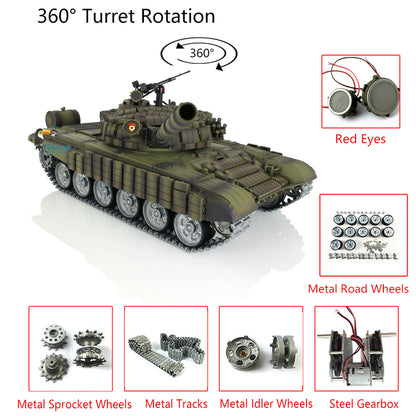 Henglong 1/16 TK7.0 Russia T72 RTR RC Tank 3939 with Red Eyes Armor 360 Degrees Turret BB IR Smoke Metal Tracks Gearbox Sprockets Idlers Road Wheels