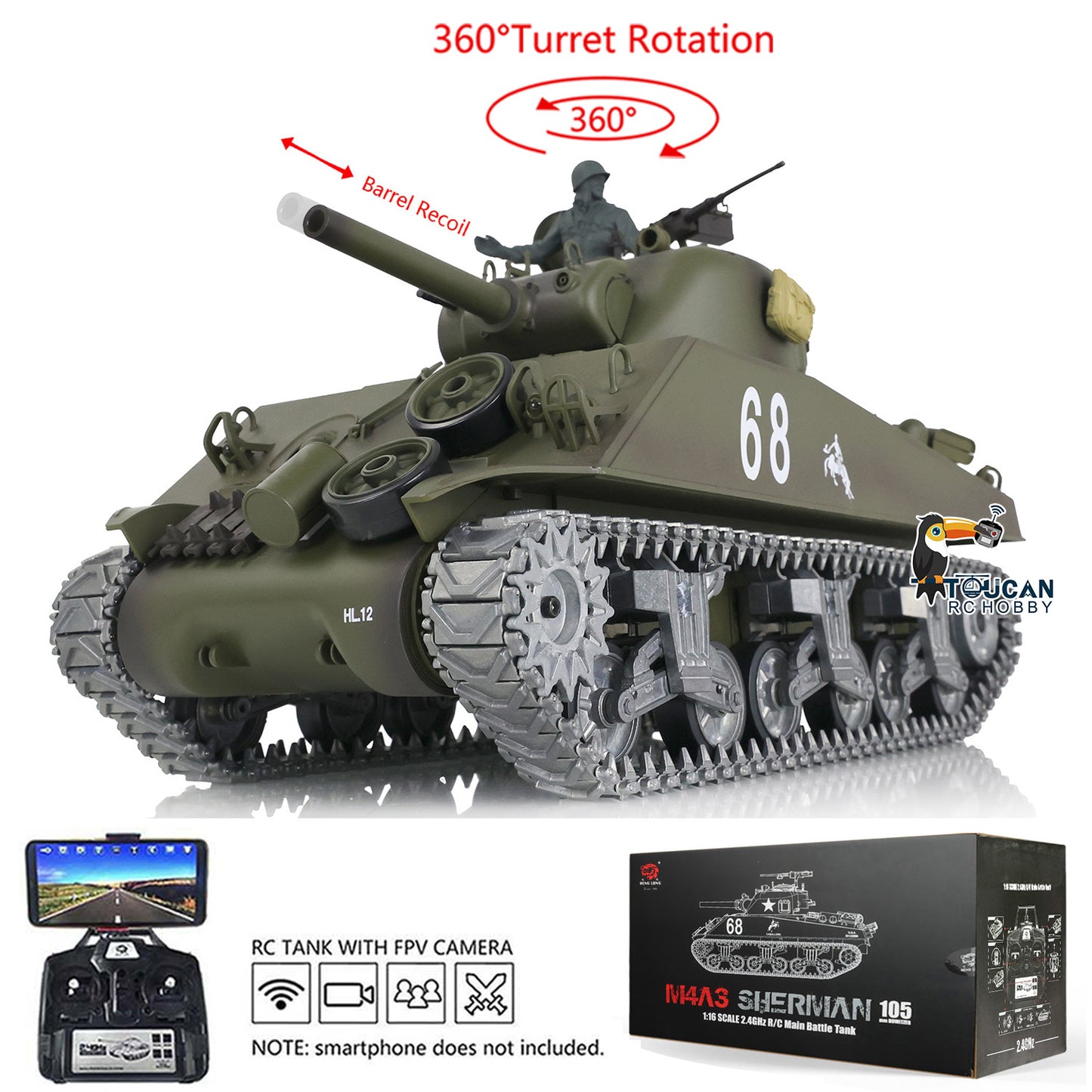 Henglong 1/16 TK7.0 3898 M4A3 Sherman RTR RC Tank with 360 Degrees Turret FPV IR BB Smoke Barrel Recoil Metal Tracks Sprockets Idlers Road Wheels