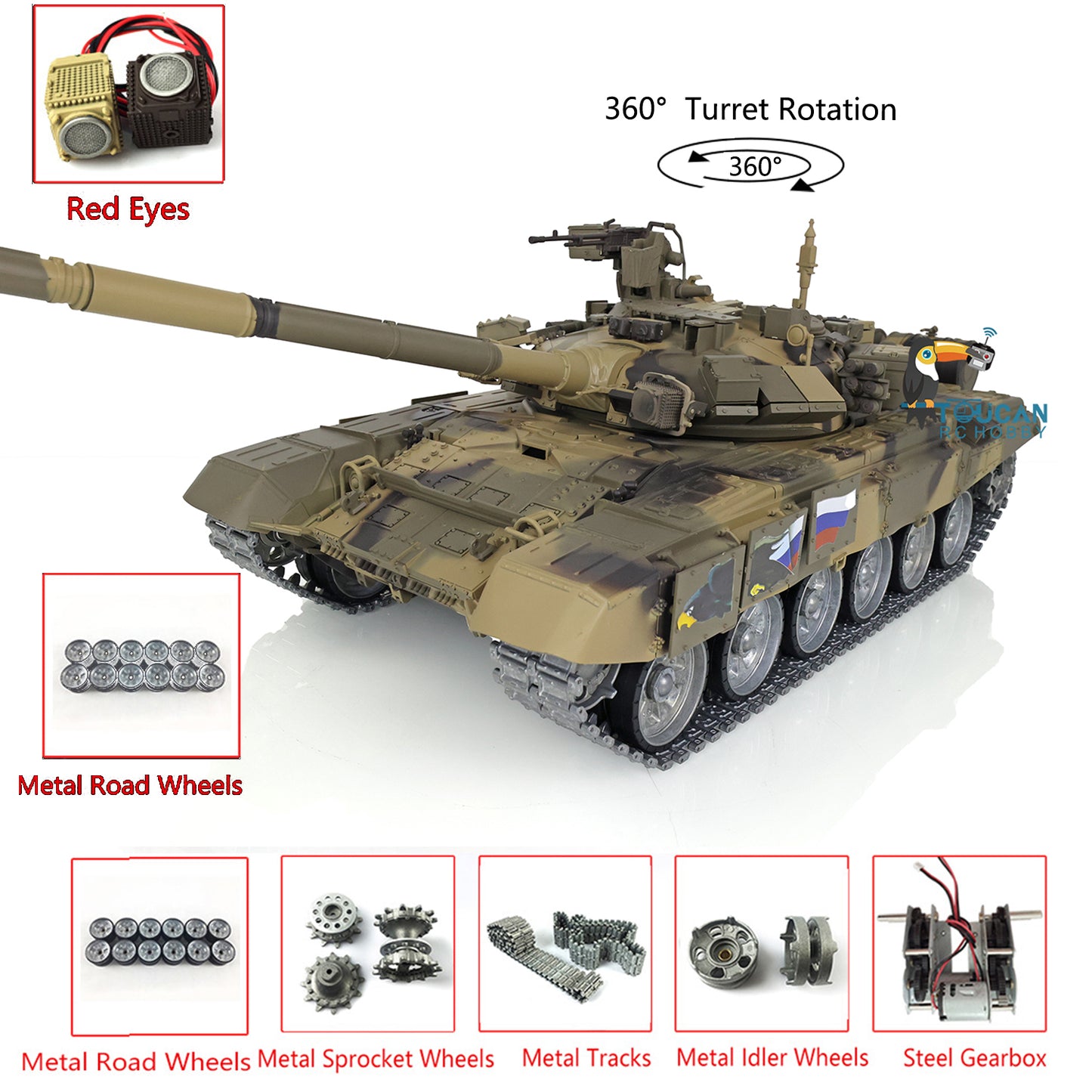 1/16 Henglong 7.0 Russian T90 RC Tank 3938 360 Degree Turret Red Eyes Metal Road Wheels Barrel lifting Idle Smoke Infrared Combating System