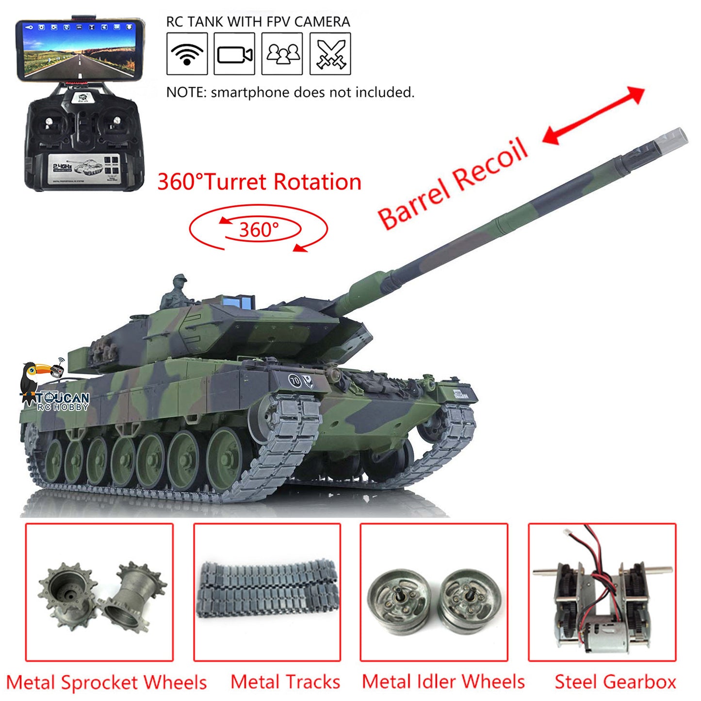 2.4G Henglong 1/16 7.0 Upgrade FPV Leopard2A6 RC Tank 3889 360 Degree Barrel Recoil Smoke BB IR Unit Sound Metal Tracks Sprocket Wheels Gearbox