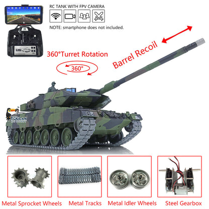 2.4G Henglong 1/16 7.0 Upgrade FPV Leopard2A6 RC Tank 3889 360 Degree Barrel Recoil Smoke BB IR Unit Sound Metal Tracks Sprocket Wheels Gearbox
