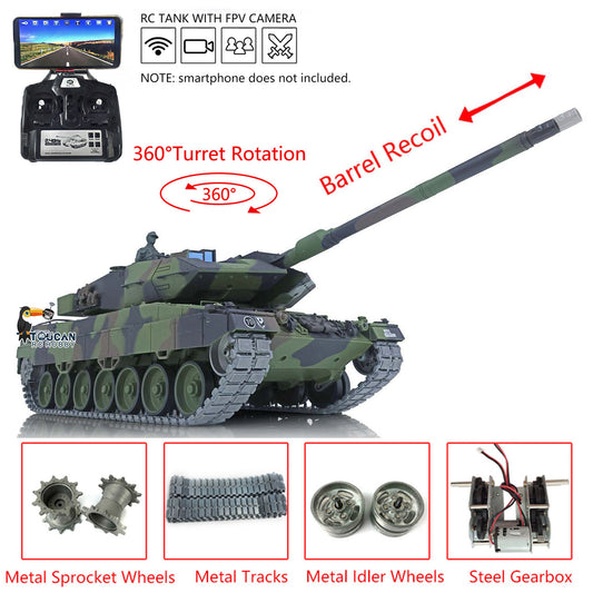 2.4G Henglong 1/16 7.0 Upgrade FPV Leopard2A6 RC Tank 3889 360 Degree Barrel Recoil Smoke BB IR Unit Sound Metal Tracks Sprocket Wheels Gearbox