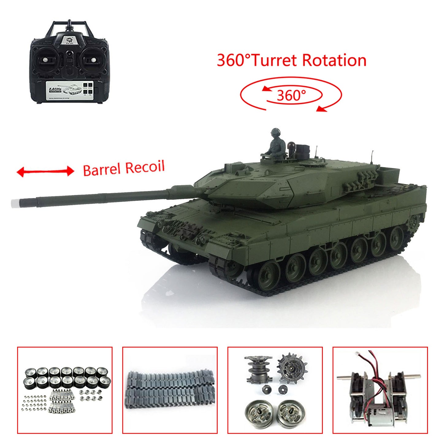 Henglong 1/16 7.0 Leopard2A6 RTR RC Tank Remote Control Military Model 3889 IR BB Smoke Barrel Recoil 360 Degree Turret Metal Tracks Wheels Gearbox