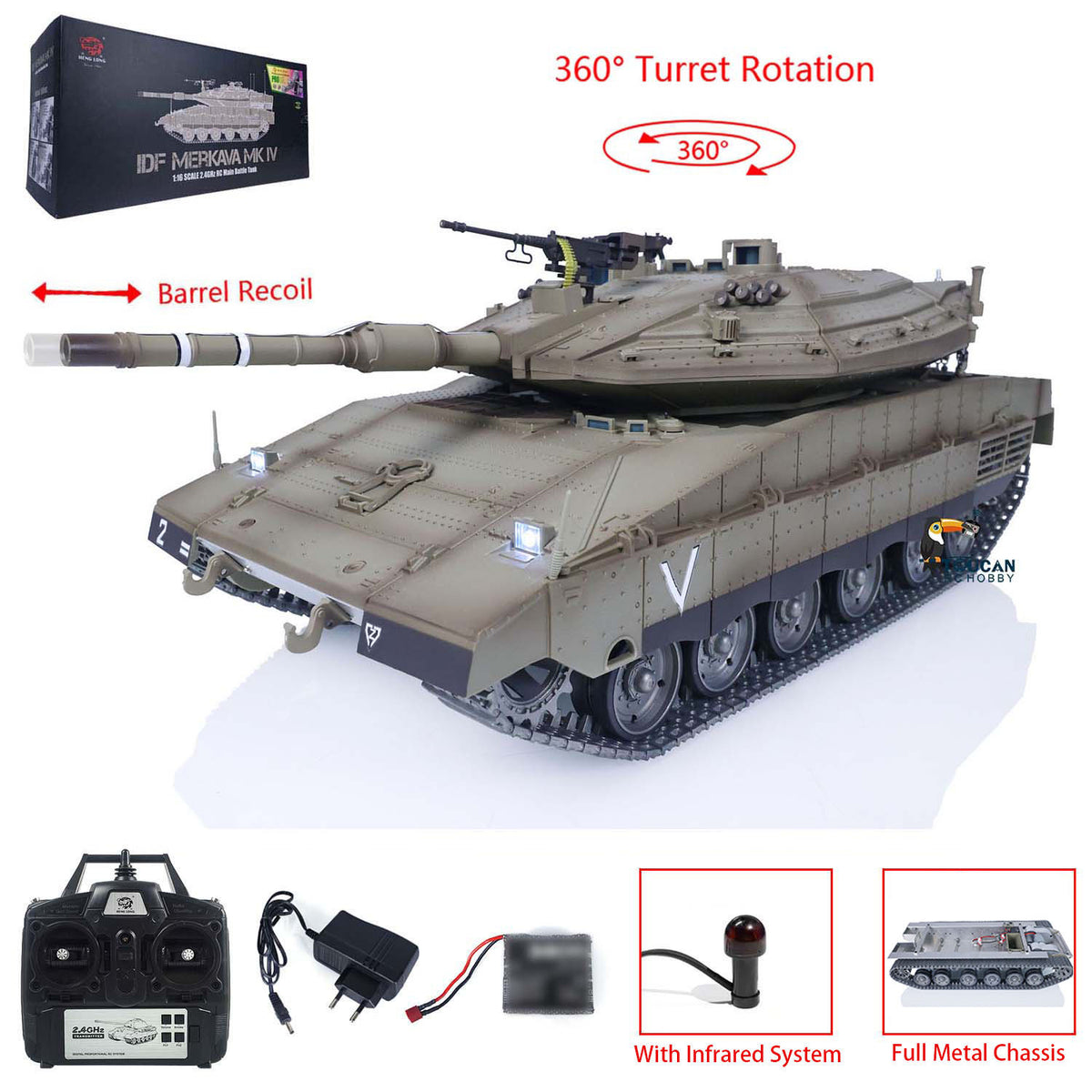 IN Stock Henglong 1/16 TK7.1 IDF Merkava MK IV 3958 RTR RC Tank with 360 Degrees Turret IR Metal Chassis Tracks Sprockets Idlers road Wheels Steel Gearbox