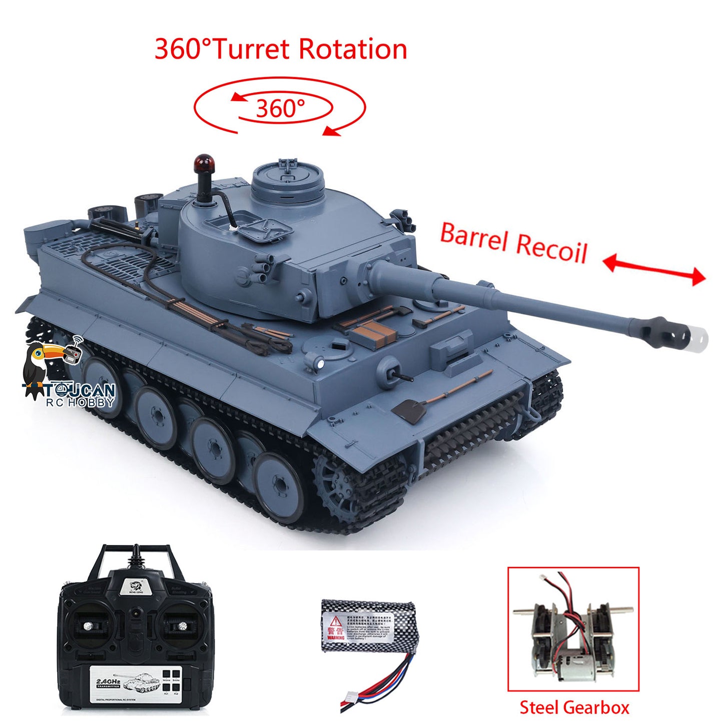 Henglong 1/16 TK7.0 Plastic German Tiger I RTR RC Tank 3818 with Steel Gearbox Metal Barrel Recoil 360 Degrees Turret BB Unit Infrared Combat