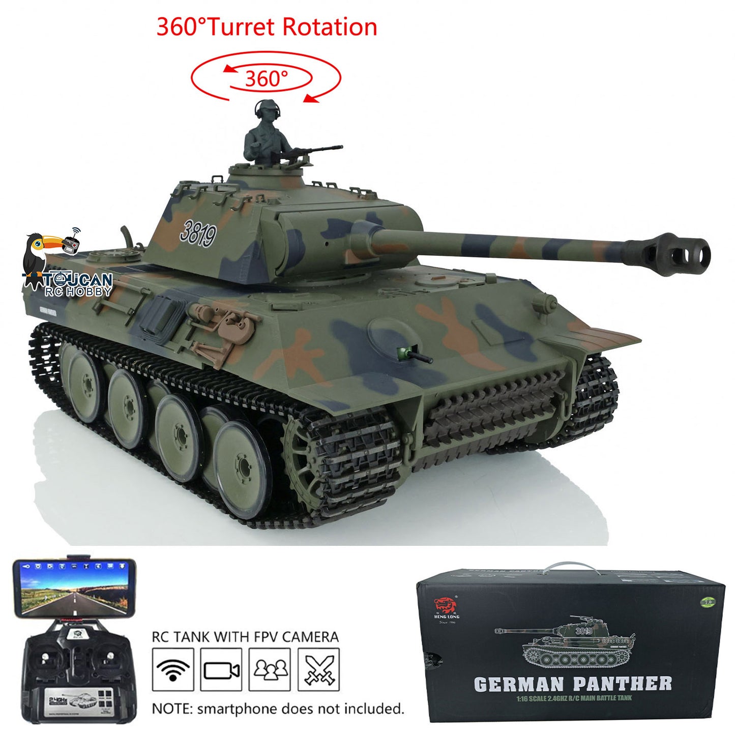1/16 Henglong 7.0 FPV RC Tank Plastic Panther 3819 W/Russia T90 3938 360 Degree Turret Rotation Metal Steel Driving Gearbox