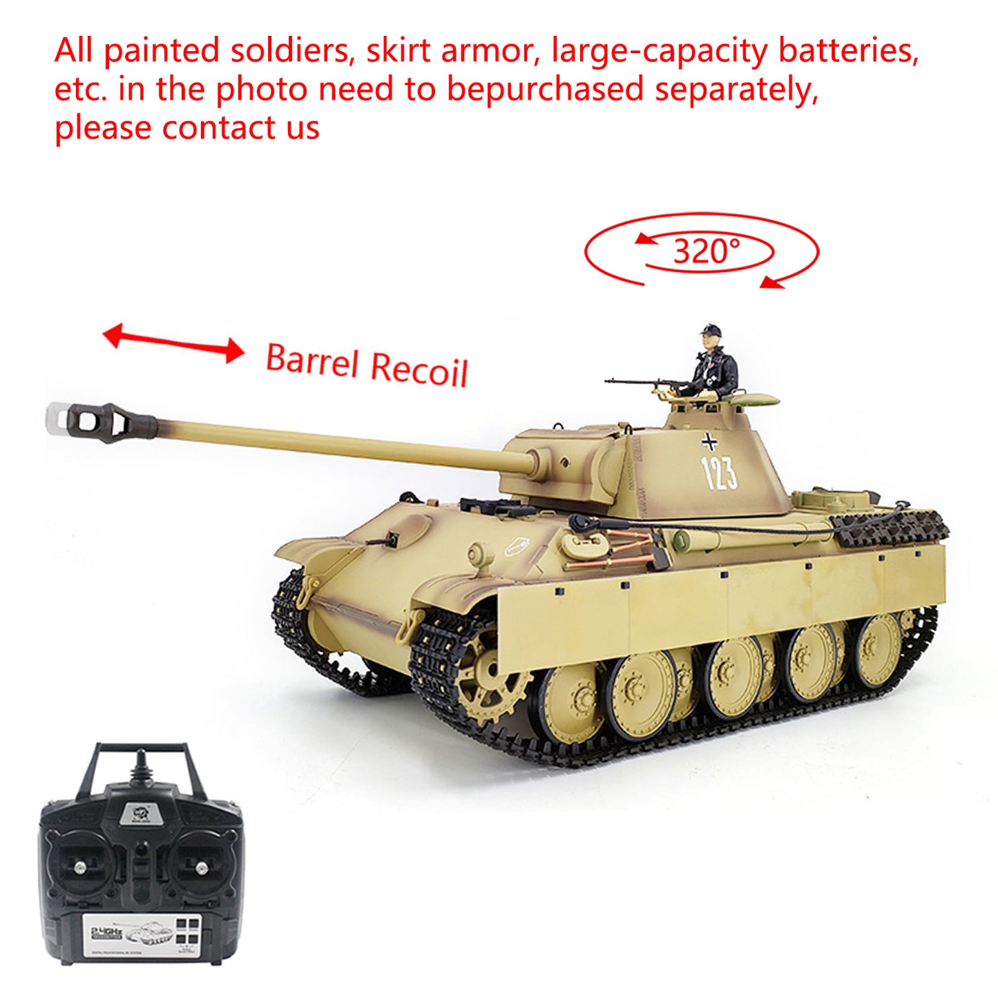 Henglong RTR 1/16 7.0 RC Tank German Panther G 3879 Steel Gearbox BB IR Barrel Recoil 2.4G Radio 1800MAH Battery 320 Degree Turret Rotation